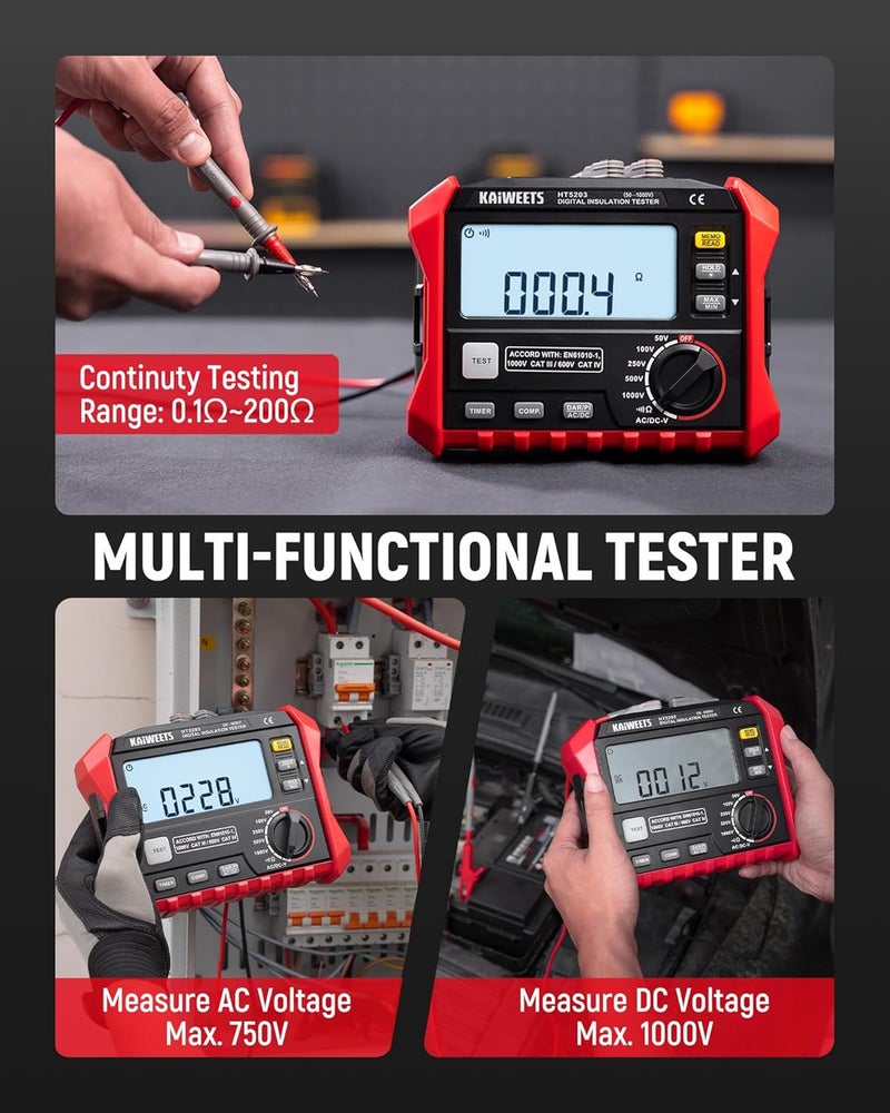 KAIWEETS Megohmmeter, Insulation Resistance Tester, Up to 100GΩ, 50V/100V/250V/500V/1000V, One-Touch DAR/PI, with AC/DC Voltage Testing for Motors, Solar, HVAC - Image 5
